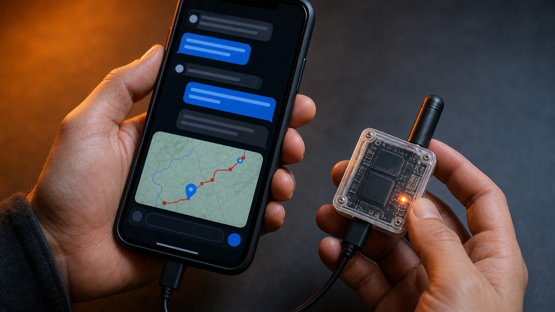 Telemóvel com aplicação de mensagens ligado a um nó de rádio LoRa compacto