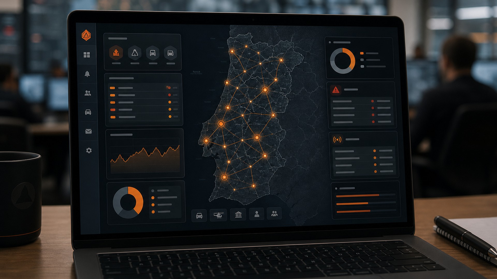 Painel de gestão RCE num portátil com mapa, indicadores e estado da rede
