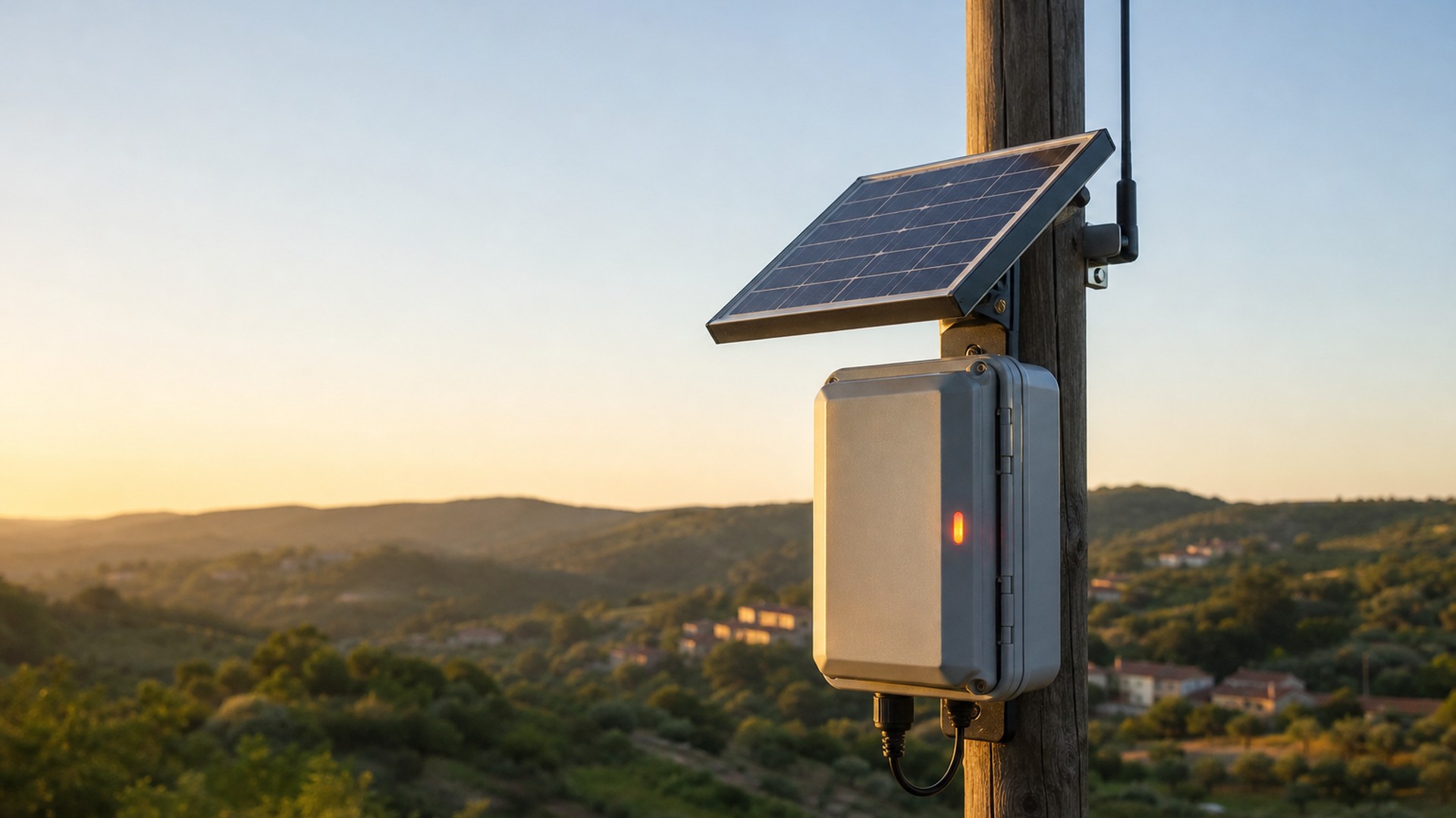 Nó de rede RCE com painel solar instalado num poste em ambiente rural